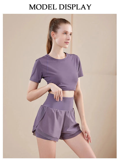 Yoga Set Women Sport T-Shirt Back Mesh Design High Waist Shorts Quick Dry Run Yoga Sports Short Sleeve Shorts Two-piece Yoga Set