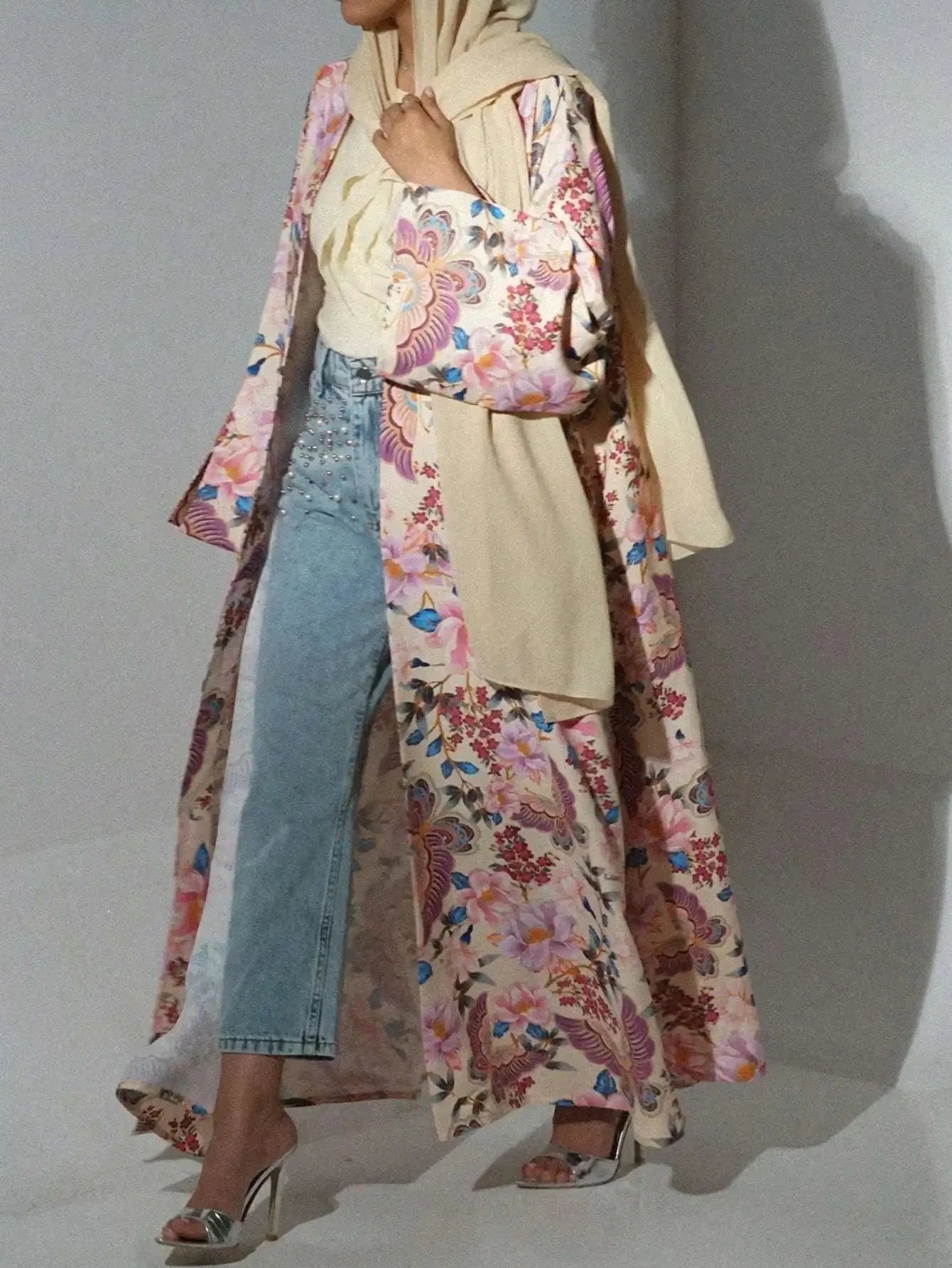 Middle Eastern Loose Printed Floral Abaya Muslim Full Sleeve Open Front Abayas Women Jilbabs Islamic Maxi Dresses Turkey Kaftans - AMULET RING STORE