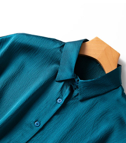 Women 100% Mulberry Silk 20 momme Heavy Silk Peacock Blue Collared Short Sleeve Buttons Down Shirt Top Blouse office work MM567