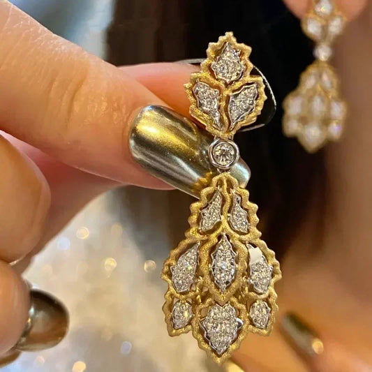 Vintage palace style rhombus crystal Drop earings leaf hollow out High quality exaggerated earrings for women wedding jewelry