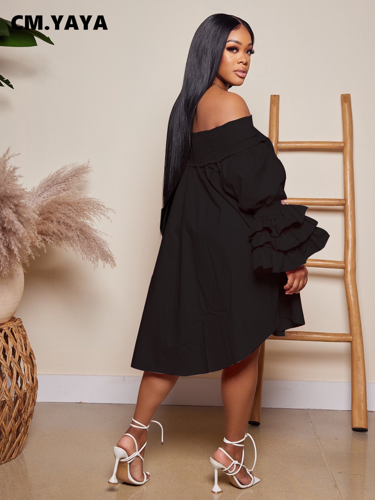 CM.YAYA Chic Women Cascading Ruffles Petal Off Shoulder Long Sleeve Smock Dress 2022 Big Swing Loose Blouse Sundress Vestidos - AMULET RING STORE