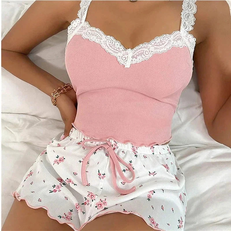 Women's Two-Piece Summer Ribbed Knitted Flower Print Lace Trimmed Camisole Vest and Bow Shorts Sexy Pajama Set - AMULET RING STORE