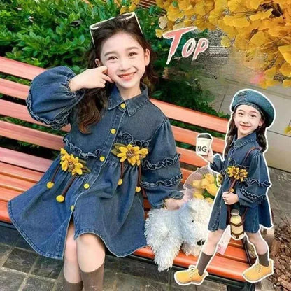2025 New Arrival Girls' Little Korean Stylish Denim Long Sleeve Dress for 4-12 Years Old Kids Spring/Autumn