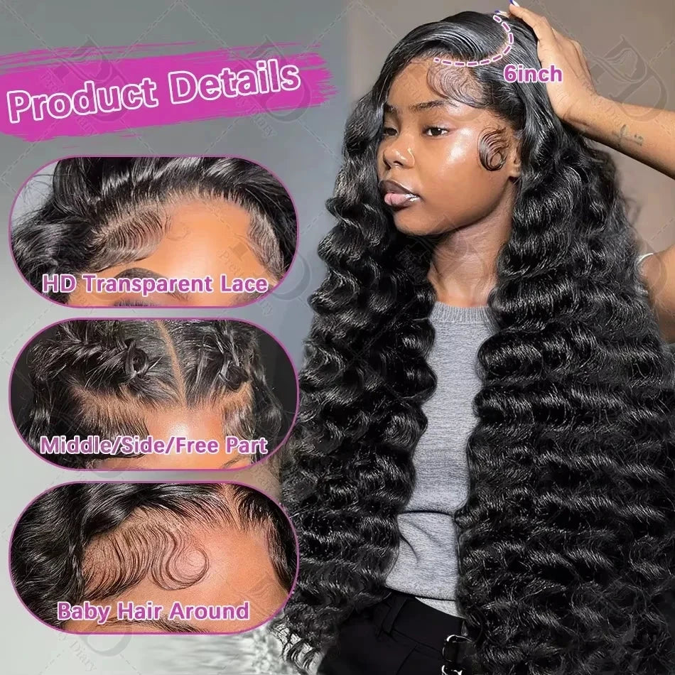 Loose Deep Wave 13x4 Lace Front Human Hair Black Wigs Deep Wave Brazilian 5x5 Closure Wear And Go Glueless Human Hair Curly Wigs - AMULET RING STORE