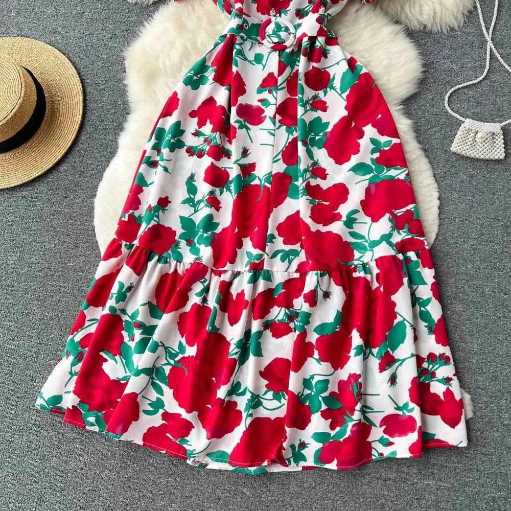 YuooMuoo Women Dress 2025 Summer Fashion Lady Elegant Vintage Floral Print Long Shirt Dress with Belt Vintage Party Robe Femme