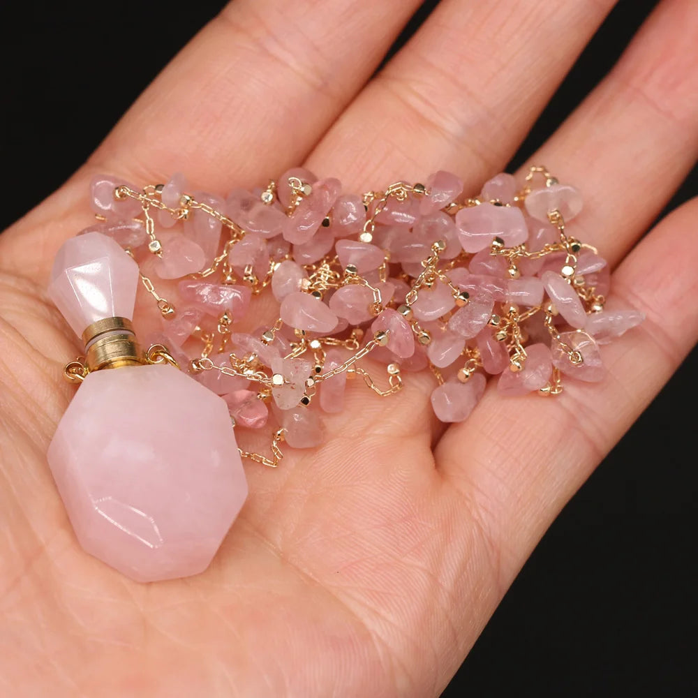 Natural Stone Rose Quartz Perfume Bottle Essential Oil Diffuser Reiki Healing Exquisite Necklace Jewelry Gift - AMULET RING STORE
