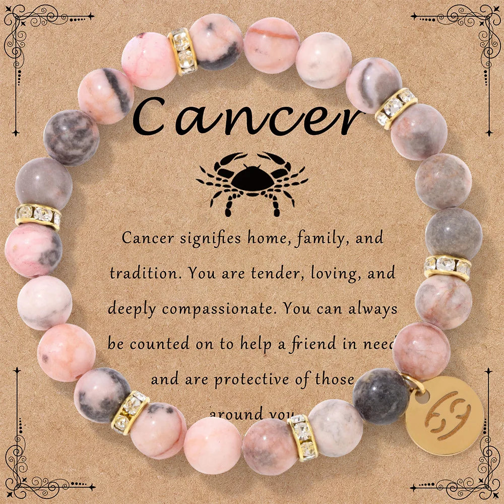 MHS.SUN 12 Star Zodiac Sign Pink Zebra Stone Beaded Bracelets Constellation Fashion Birthday Party Jewelry For Women Men