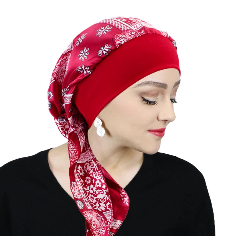 Printed Pre-tie Headscarf Women Elastic Muslim Female Turban Cancer Chemo Hat Hair Loss Cover Head Wrap Headwear Stretch Bandana - AMULET RING STORE