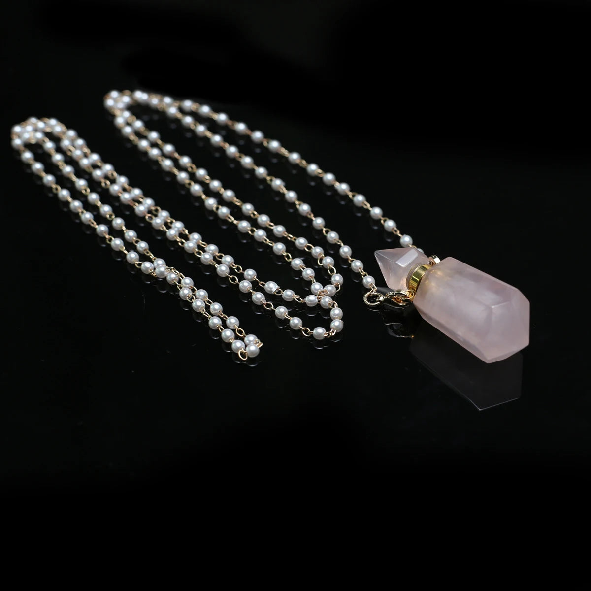 Natural Stone Rose Clear Quartz Perfume Bottle Pendant Pearl Gravel Chain Essential Oil Diffuser Charms Women Jewerly Necklace - AMULET RING STORE