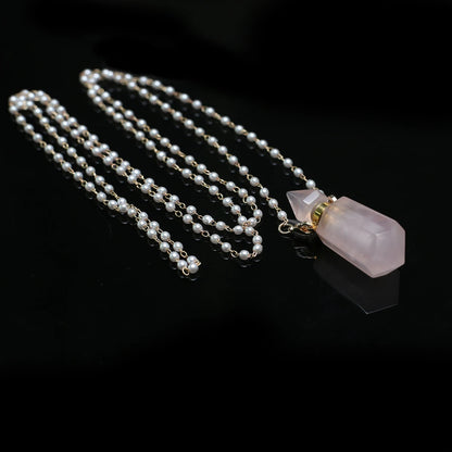 Natural Stone Rose Clear Quartz Perfume Bottle Pendant Pearl Gravel Chain Essential Oil Diffuser Charms Women Jewerly Necklace - AMULET RING STORE