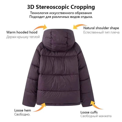Women's Hooded Purple Cotton Jacket - Quilted Design, Warm Winter Coat, Casual Cold-Weather Outerwear