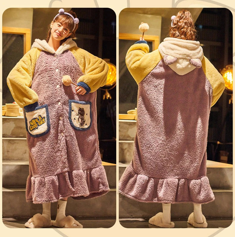 2024 Winter Pajamas For Women Cartoon Hooded Long Robe Strawberry Jacket Cute Home Wear Sleepwear Kawaii Flannel Warm Bathrobe - AMULET RING STORE