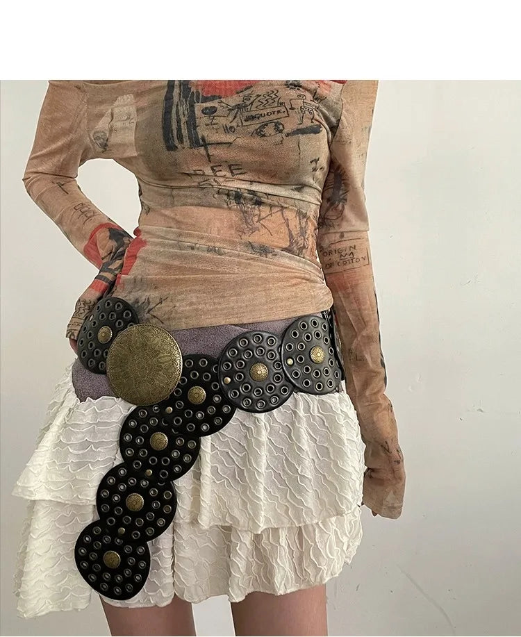 Spice Girl Y2K Harajuku Style Vintage Rivet Patchwork Design Wide Belts For Women High Street Faux Leather Waistband cinturones - AMULET RING STORE