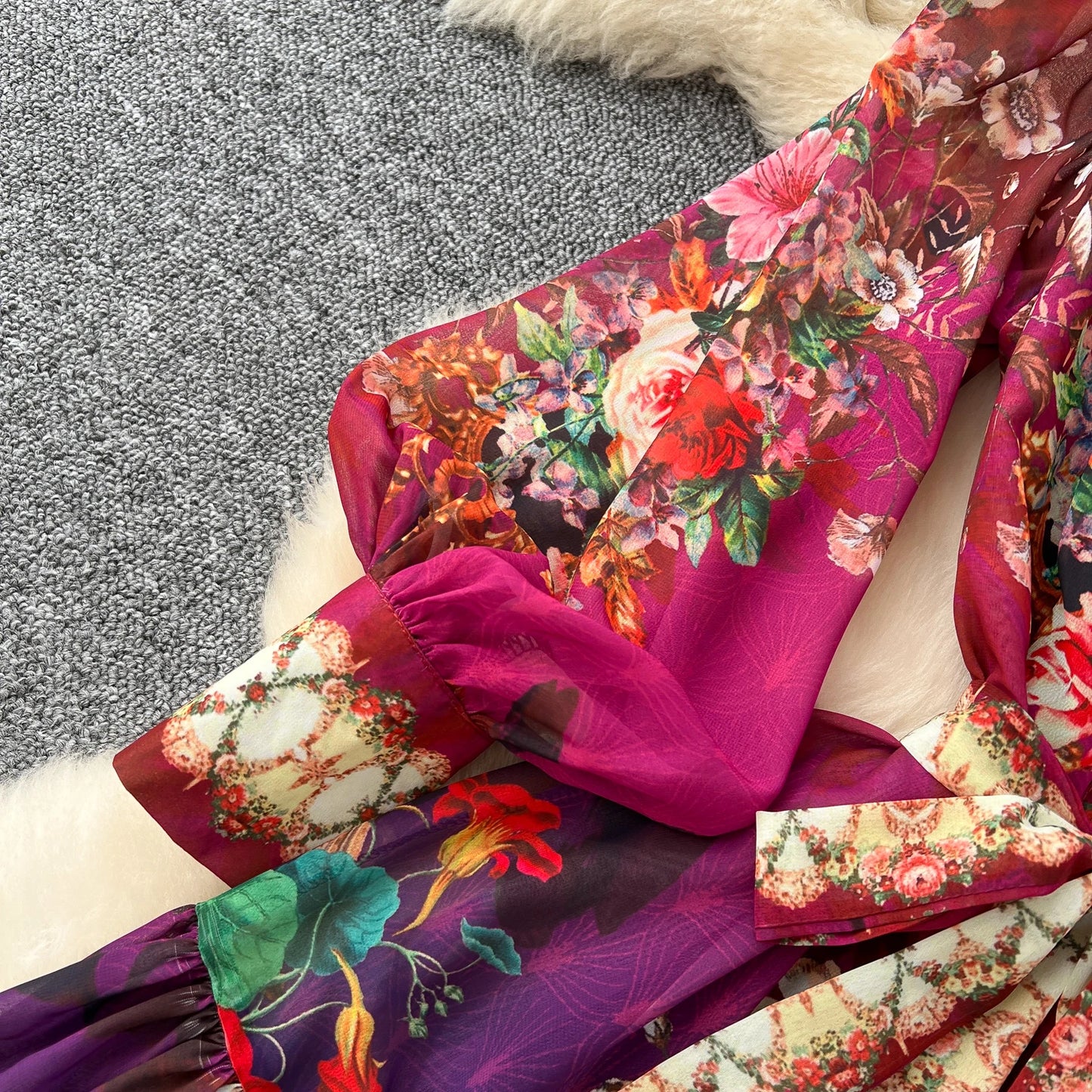 SINGREINY Vintage Print Chiffon Dresses Women Lantern Sleeve O Neck Design Fashion High Quality Court Floral Pleated Long Dress