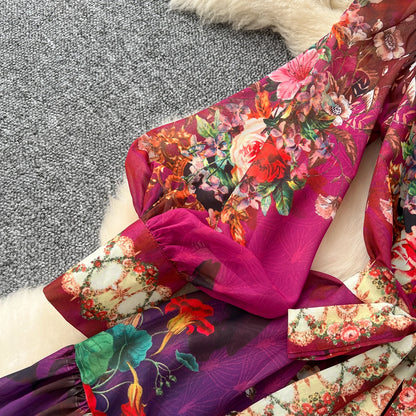 SINGREINY Vintage Print Chiffon Dresses Women Lantern Sleeve O Neck Design Fashion High Quality Court Floral Pleated Long Dress