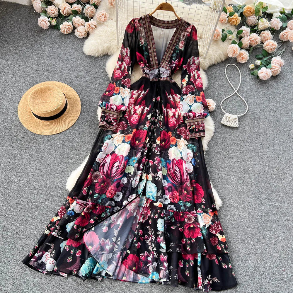 Women Deep V-Neck Bohemian Style Dress Spring Summer Runway Long Sleeve Casual Floral Print Ruffles Sweet Cascading Vestidos