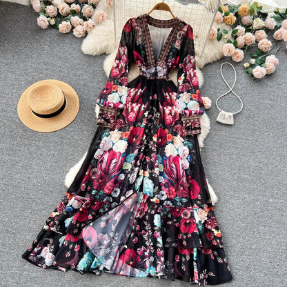 Women Deep V-Neck Bohemian Style Dress Spring Summer Runway Long Sleeve Casual Floral Print Ruffles Sweet Cascading Vestidos