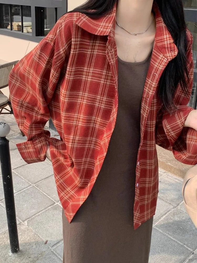 Zoki American Y2K Plaid Shirt Women Loose Streetwear Long Sleeve Vintage Blouse Casual Oversize All Match Female Spring Tops New - AMULET RING STORE