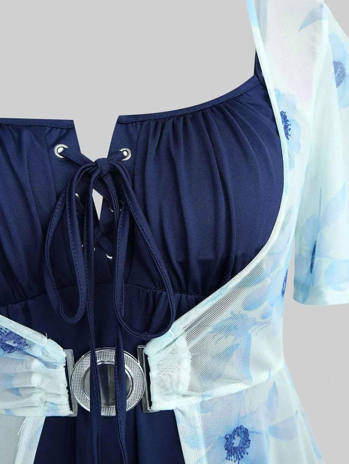 ROSEGAL Plus Size Flutter Sleeves Floral Dress and Lace-up A Line Cami Dress Set