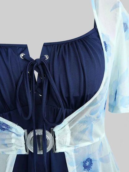 ROSEGAL Plus Size Flutter Sleeves Floral Dress and Lace-up A Line Cami Dress Set