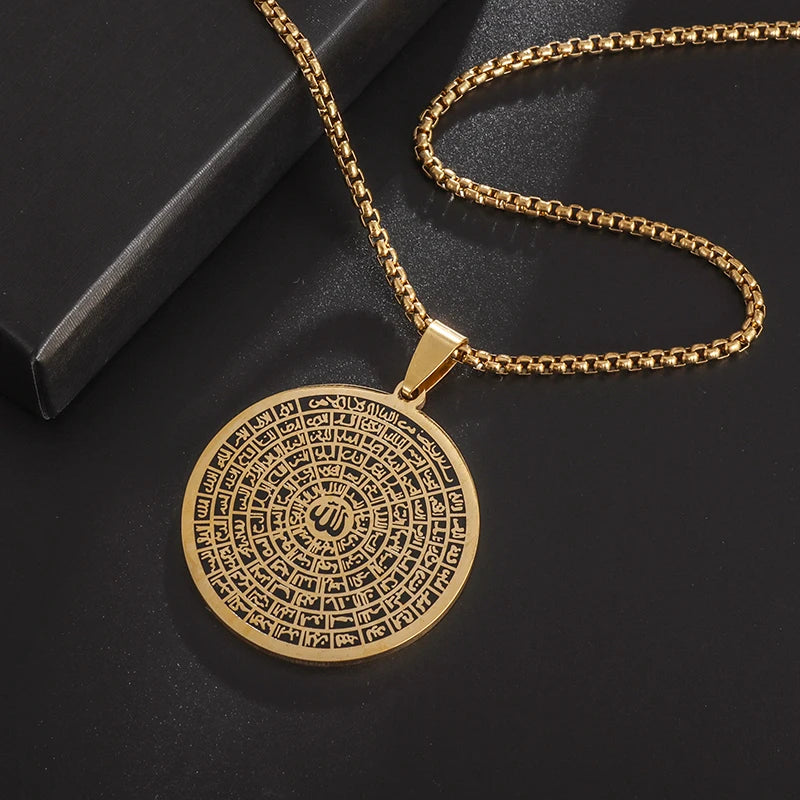 Exquisite Stainless Steel Islamic Muslim Medal Necklace Scripture Pendant Religious Amulet Jewelry for Men and Women