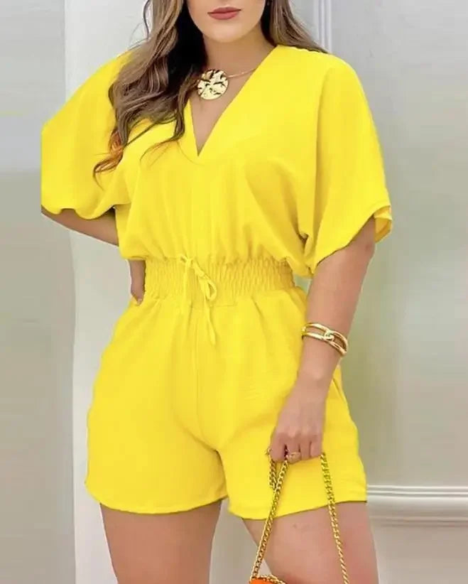 Summer Fashion Jumpsuit Women 2024 Batwing Sleeve Shirred Waist Casual Plain V-Neck Short Sleeve Above Knee Romper Streetwear - AMULET RING STORE