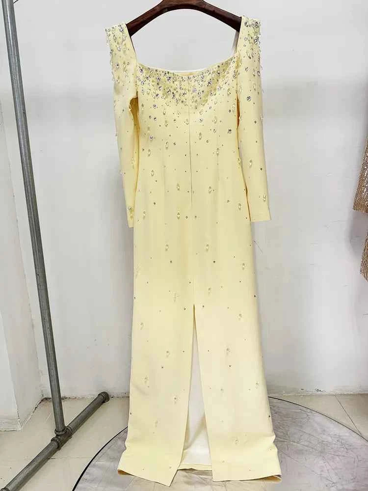 HIGH QUALITY Newest Fashion 2025 Designer Vestido Women's Square Collar Beading Diamonds Long Sleeve Maxi Dress