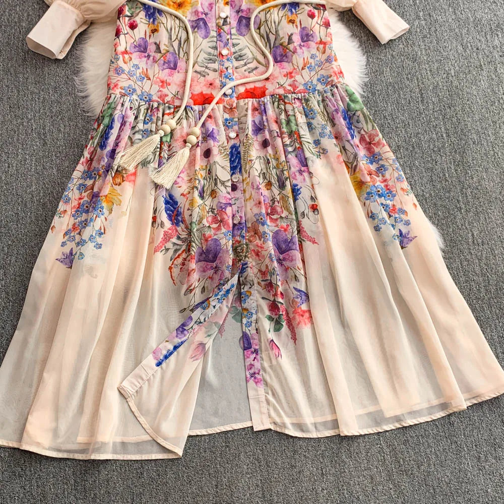 Faionable Print Long Dr Women's Spring Belted Waist Pleated Lantern Sve Turn-down Collar Dr Korean Sle Commute