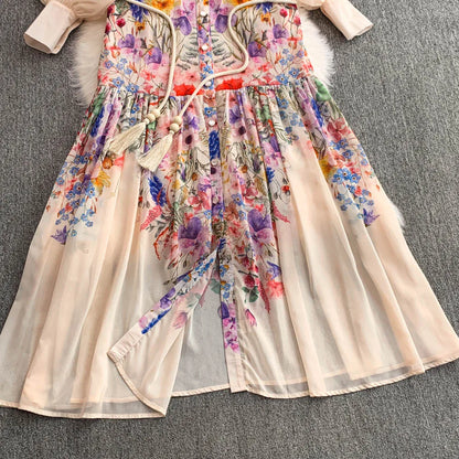 Faionable Print Long Dr Women's Spring Belted Waist Pleated Lantern Sve Turn-down Collar Dr Korean Sle Commute