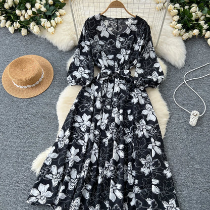 Elegant Boho Floral Print Floral Pleated Maxi Long Dress Female V Neck Puff Sleeve Belt Dresses Women Summer Dress Robe