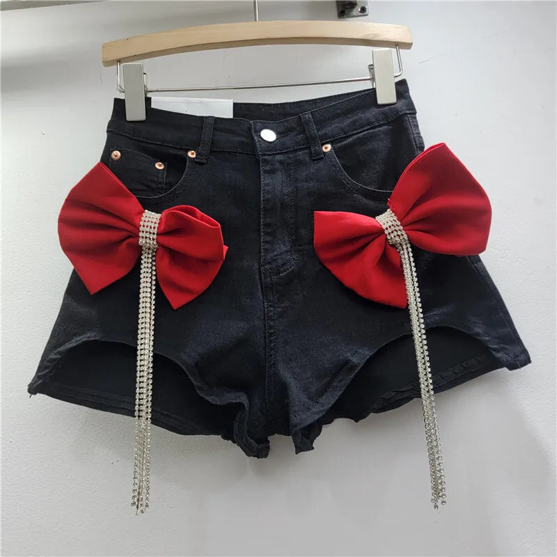 WTHT Trendy Women's Spliced 3D Bows Diamonds Tassel Denim Shorts 2025 Summer Trendy High Waist Hot Pants Female 1LS1367