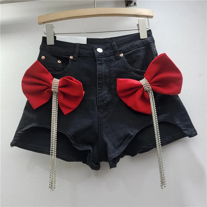 WTHT Trendy Women's Spliced 3D Bows Diamonds Tassel Denim Shorts 2025 Summer Trendy High Waist Hot Pants Female 1LS1367