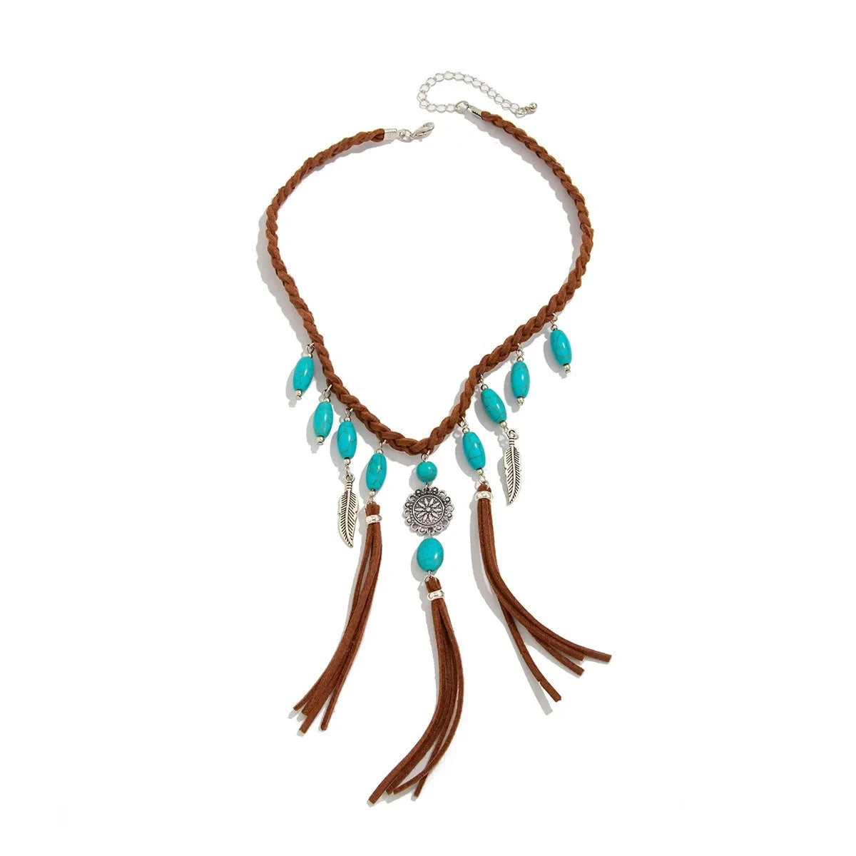 Ethnic Style Women Leaf Choker Woven Rope Leather Tassel Turquoise Stone Necklace Feather Pendant Retro Bohemian Necklace - AMULET RING STORE