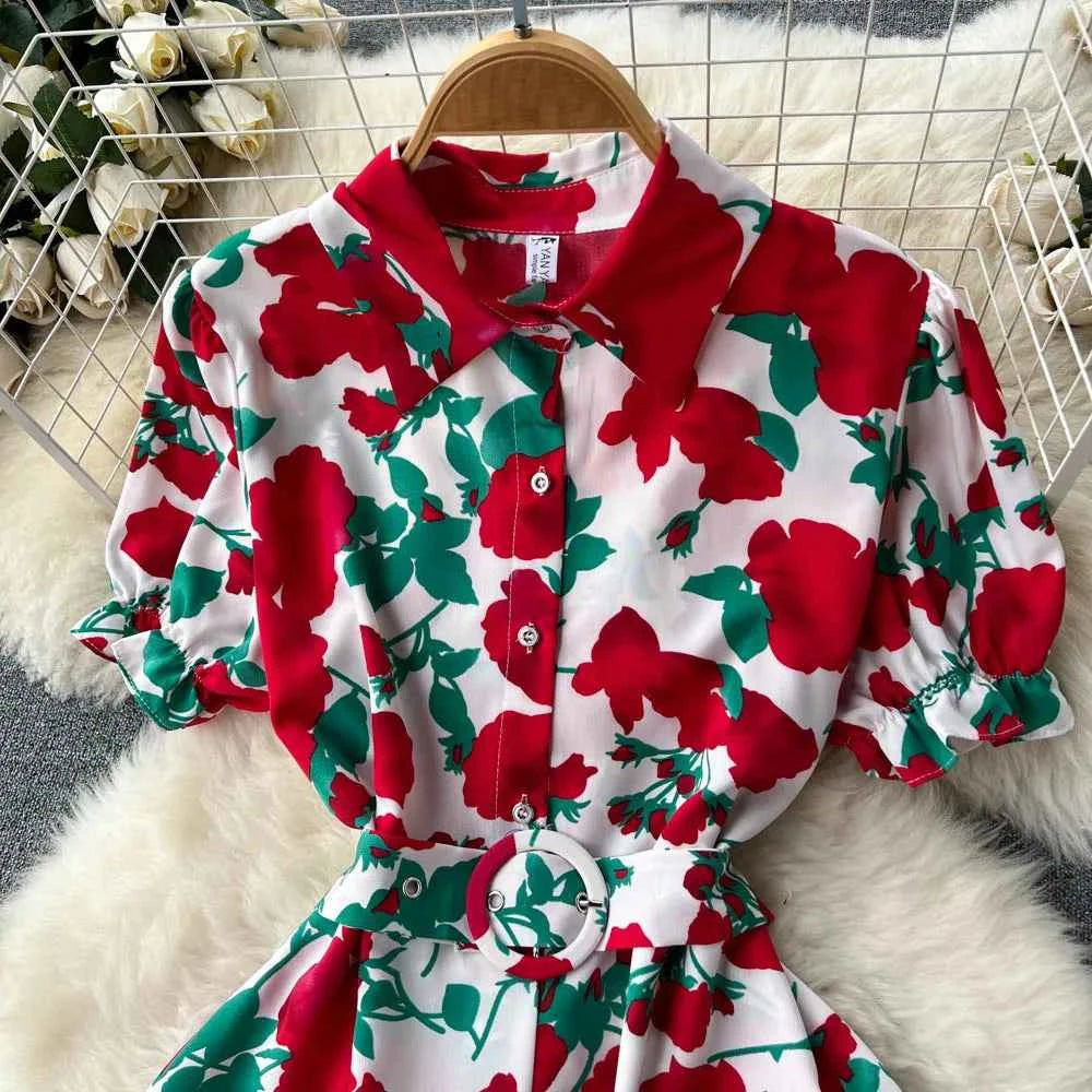 YuooMuoo Women Dress 2025 Summer Fashion Lady Elegant Vintage Floral Print Long Shirt Dress with Belt Vintage Party Robe Femme