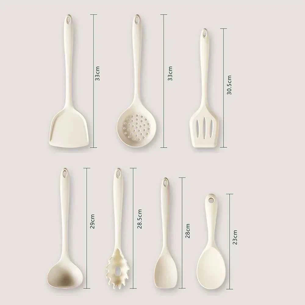 7Pcs Beige White Silicone Kitchenware Cooking Utensils Heat-resistant Spatula Turner Pasta Colander Shovel Kitchen Accessories