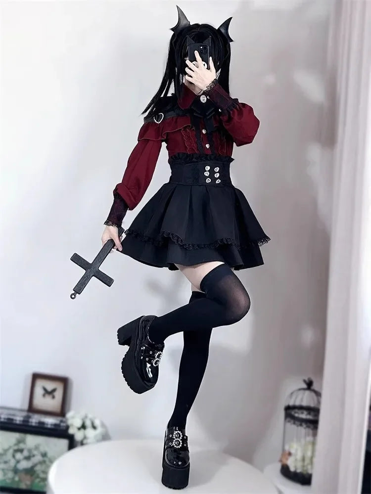 Sweet Gothic Lolita Two Piece Set, Off Shoulder Blouse + High Waist Skirt, Kawaii Tri-color Lace Coord Outfit for Women & Teens