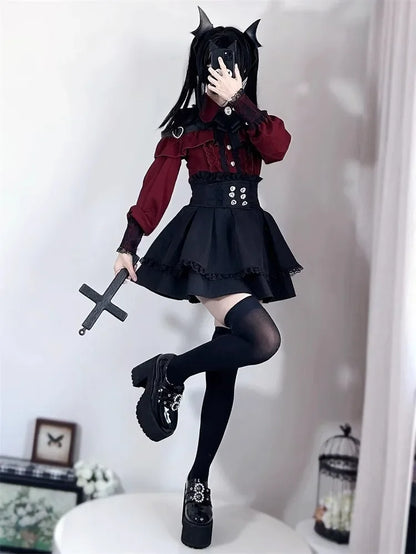 Sweet Gothic Lolita Two Piece Set, Off Shoulder Blouse + High Waist Skirt, Kawaii Tri-color Lace Coord Outfit for Women & Teens