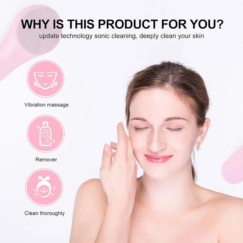 Silicone Face Cleaner Electric Sonic Facial Cleansing Brush Ultrasonic Face Massage Pore Deep Cleaning Vibrating IPX7 Waterproof