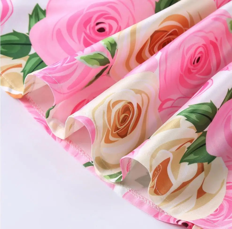 Summer Girls Rose Print Dress Princess Wedding Birthday Party Frocks Satin Children Vestidos Dresses For Girl Christmas Clothing