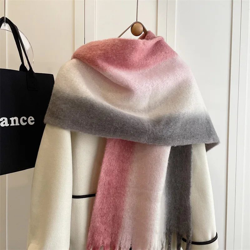 New Fashion Mohair Stripted Tassel Scarf Women Autumn Winter Korean Version Thickened Warm Soft Female Shawl Colorful Muffler