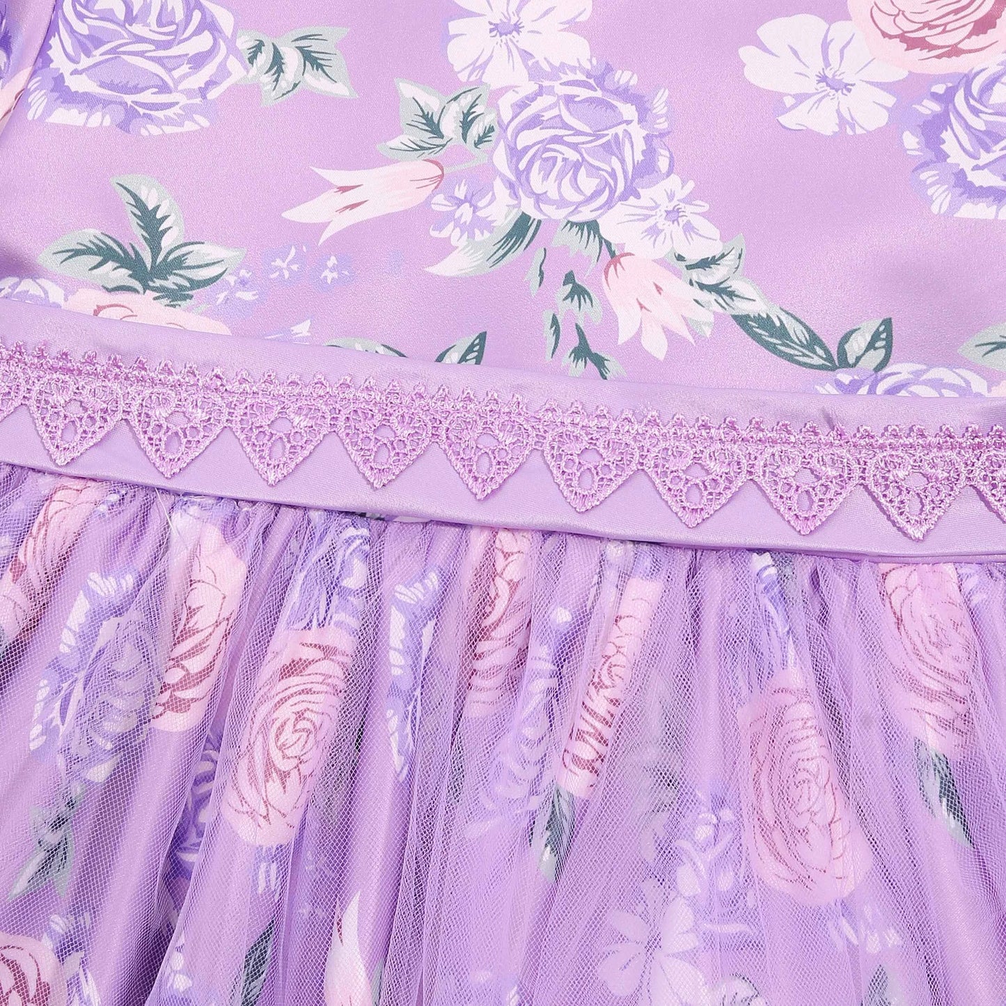 Floral attendant dress - Girls' printed lace lace-trimmed net dress for wedding - Flower girl short-sleeved princess puff-sleeve