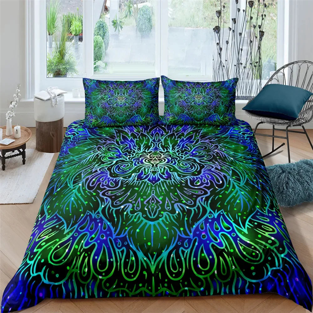 2/3pcs Bed Set Bohemian Lotus Duvet Cover Set Mandala Flower Quilt Cover Adult Black Polyester Bedding Set Queen King Twin Teens - AMULET RING STORE