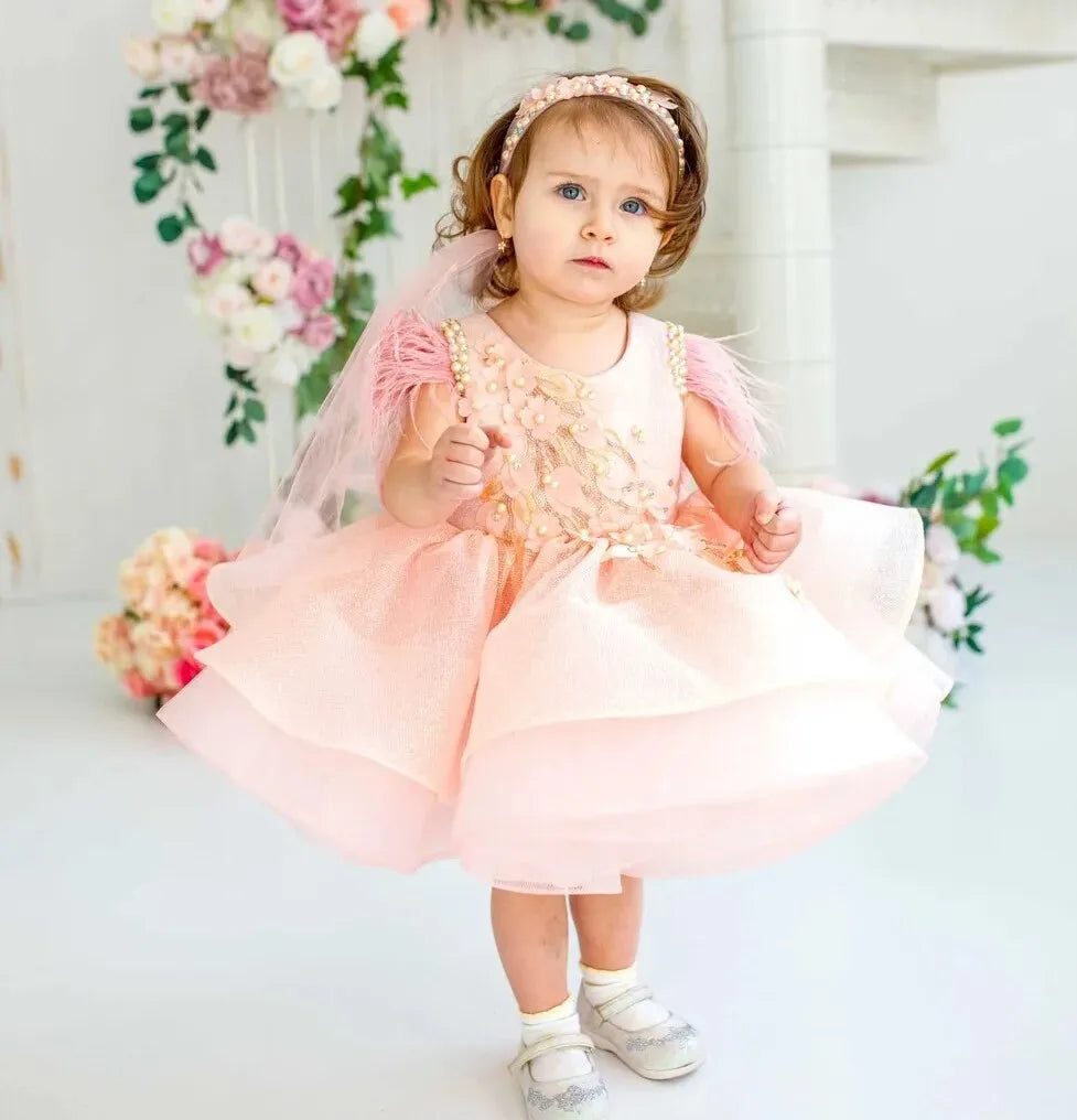 Lovely Yellow Flower Girl Dress Baby First Communion Gowns Wedding Thin Length Bow Belt Kids Birthday Gift Ball Party Clothing