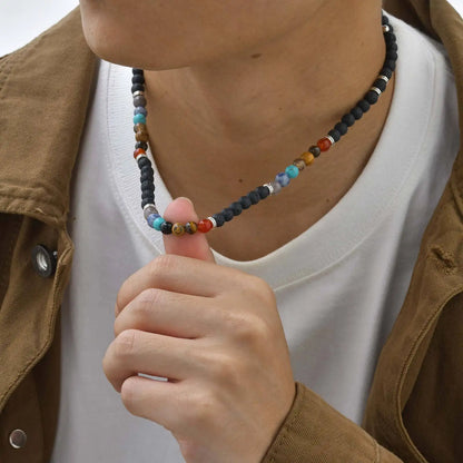 Vnox Volcanic Stone Bead Necklace for Men, Adjustable Stainless Steel Beaded Collar Chokers, Link Chain Jewelry Gift for Him New