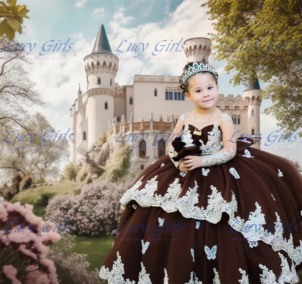 Elegant Quality Dark Blue Flower Girl Dress Tulle Fluffy Exquisite Lace Applique With Bow Little Princess Birthday Party Gowns