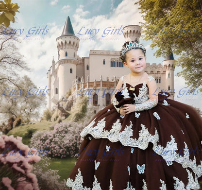 Elegant Quality Dark Blue Flower Girl Dress Tulle Fluffy Exquisite Lace Applique With Bow Little Princess Birthday Party Gowns