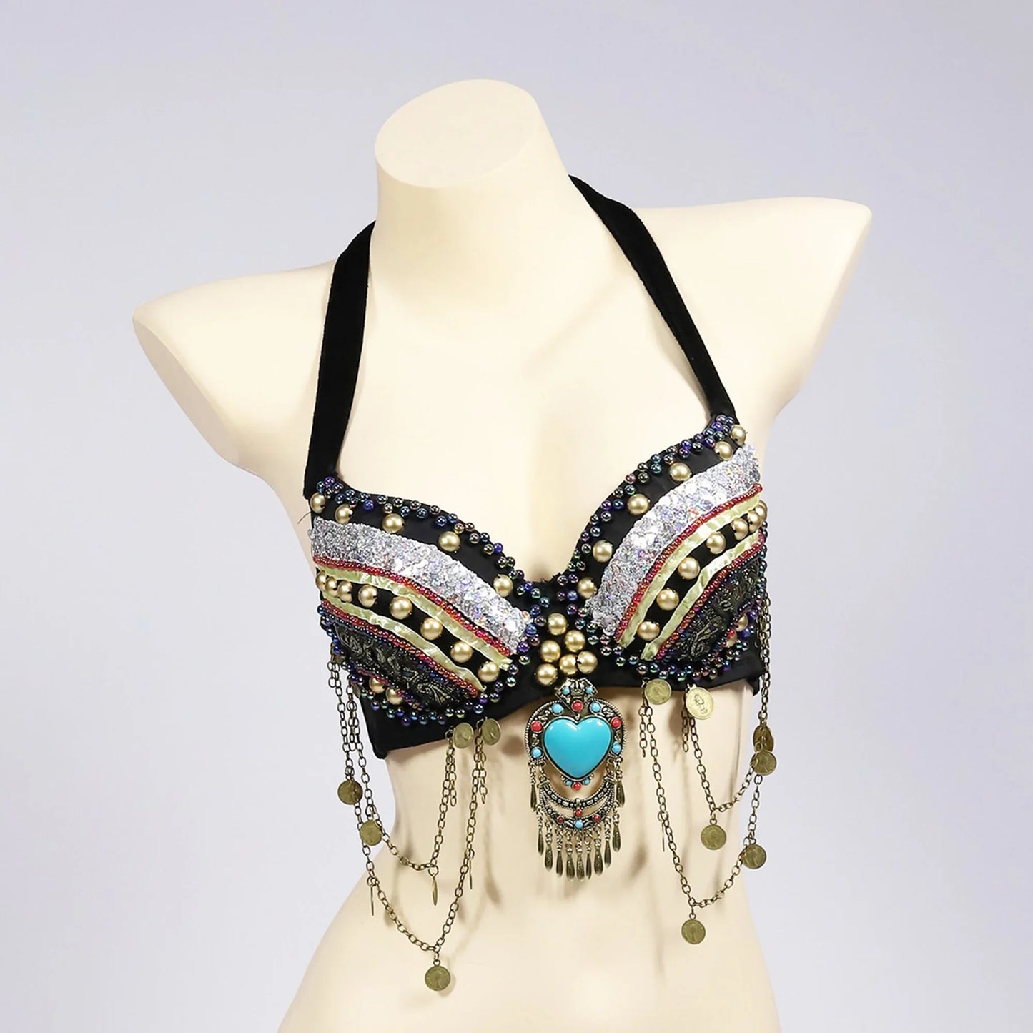 Vintage Gypsy Bra Tribal Belly Dance Push Up Bra Wooden Beads Top with Swags and Turquoise Medallion