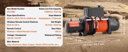 VEVOR 13500lbs Electric Winch Car Truck Winch with 80ft Synthetic Rope Wireless & Wired Remote Control for Towing Off-Road SUV - AMULET RING STORE