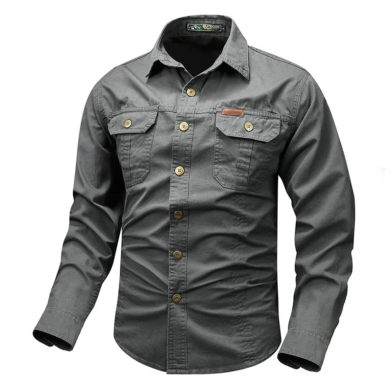 Retro Cargo style Men's Long Sleeve Shirt With Pocket Design, Men'sCasual Button Up Shirt For Spring Fall Qutdoo