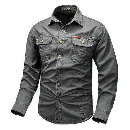 Retro Cargo style Men's Long Sleeve Shirt With Pocket Design, Men'sCasual Button Up Shirt For Spring Fall Qutdoo